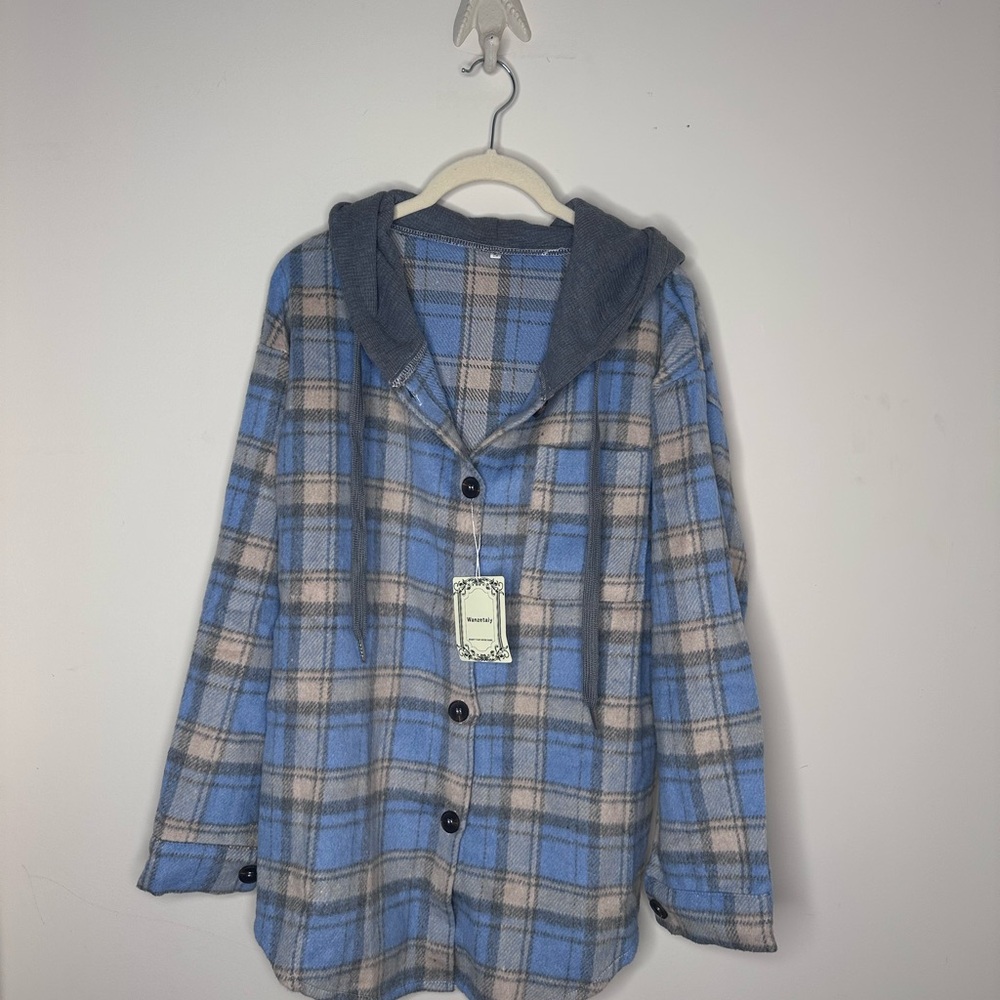 Blue Plaid Hooded Button-Up Shirt